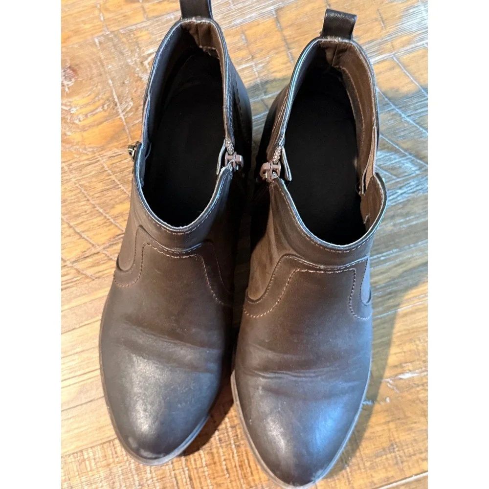 Guess Women's Brown Leather Side Zip Ankle Boots 7 Bootie‎ Block Heel Casual